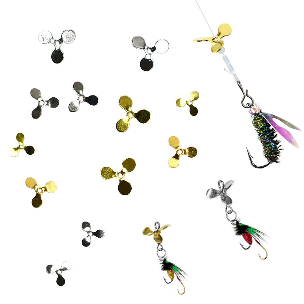 Fishing Lure Blade Bait - 200個入り 3枚刃プロペラ釣りルアーアクセサリー、DIYトラウトバススピナーベイト用メタルスピナーブレード ゴールドシルバーカラー