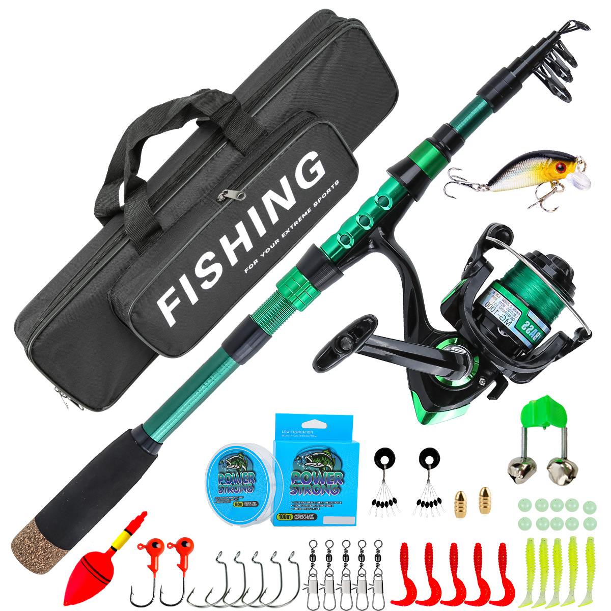 Fishing Lure Kit - 1.8メートルグリーンカーボンファイバーテレスコピックルアーシーロッドコンボオールインワン釣り道具セット、収納ボックス付き完全釣り具セット