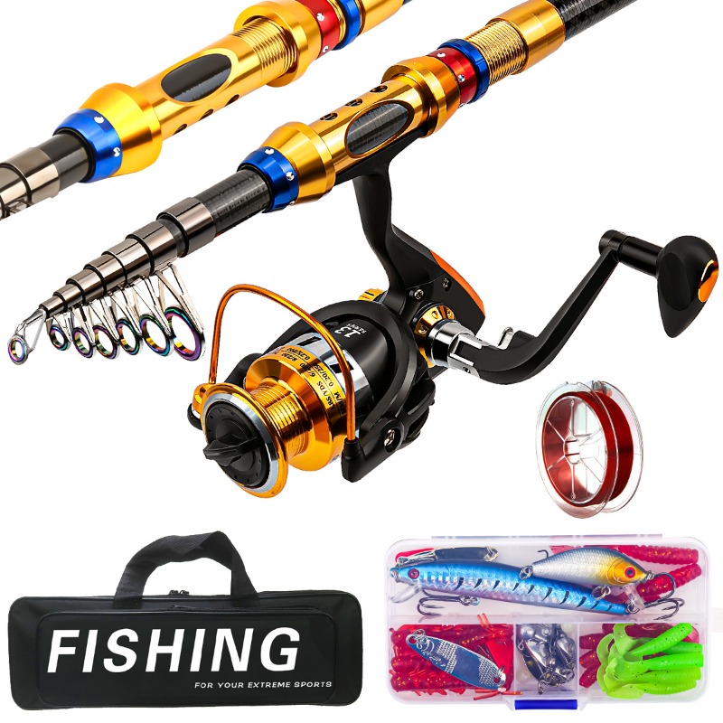 Fishing Lure Kit - 携帯用カーボンファイバー製伸縮式釣り竿とリールのフルキット、シミュレーションルアーとキャリーバッグ付き、淡水・海水両用