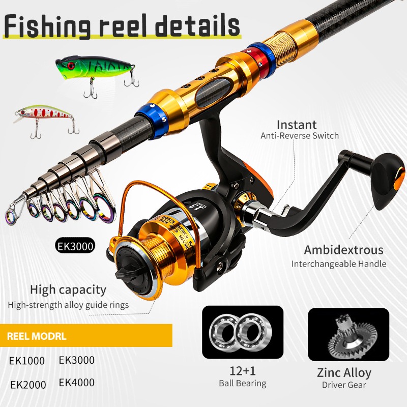 携帯用カーボンファイバー製伸縮式釣り竿とリールのフルキット、 - Fishing Lure Kit のレビューと価格